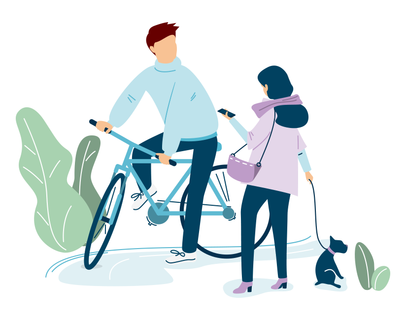 hygiene-de-vie Image représentant un cycliste échangeant avec une femme promenant son chien