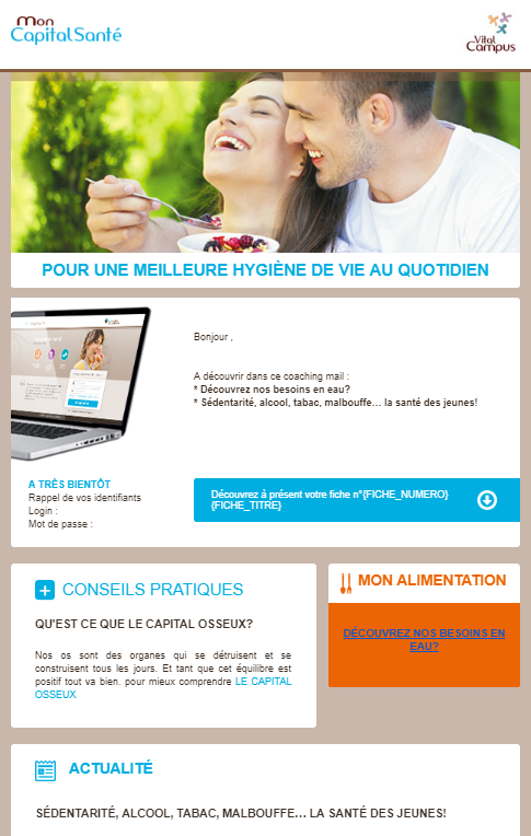 coaching-mail Exemple de coaching mail sur l'alimentation avec les rubriques conseils pratiques, fiche alimentation, actualité