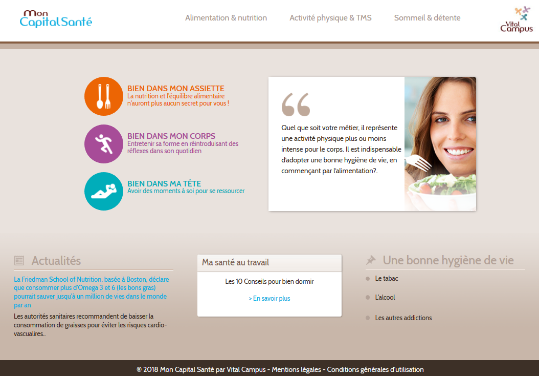 mon-capital-sante Présentation de la plateforme de Mon Capital Santé, exemple de la page introductive sur la partie hygiène de vie