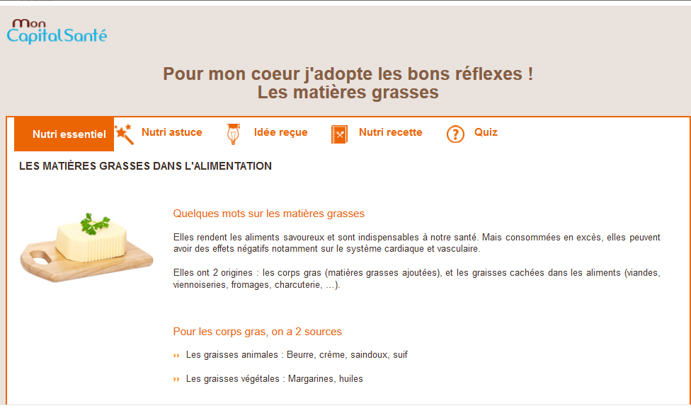 Présentation d'une fiche sur la thématique "Pour mon Coeur j'adopte les bons réflexes" avec les matières grasses dans l'alimentation