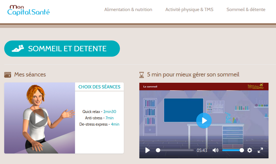 sommeil-et-detente Extrait du programme Bien dans mon lit, montrant l'accès à des vidéos de relaxation et gestion du sommeil
