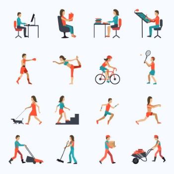 16 dessins de situations d'homme ou femme au travail ou faisant de l'activité physiquel'